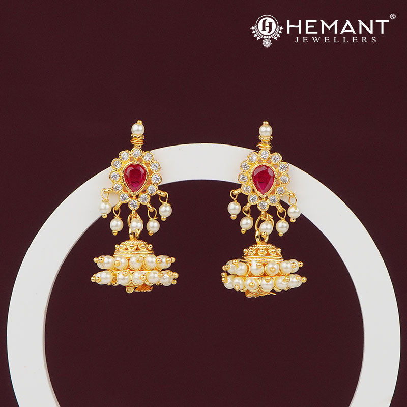 Elegant Red Stone & Pearl Jhumka Earrings