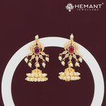 Elegant Red Stone and Pearl Chandbali Jhumka Earrings