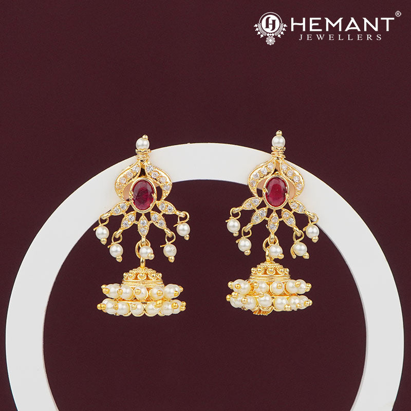 Elegant Red Stone and Pearl Chandbali Jhumka Earrings