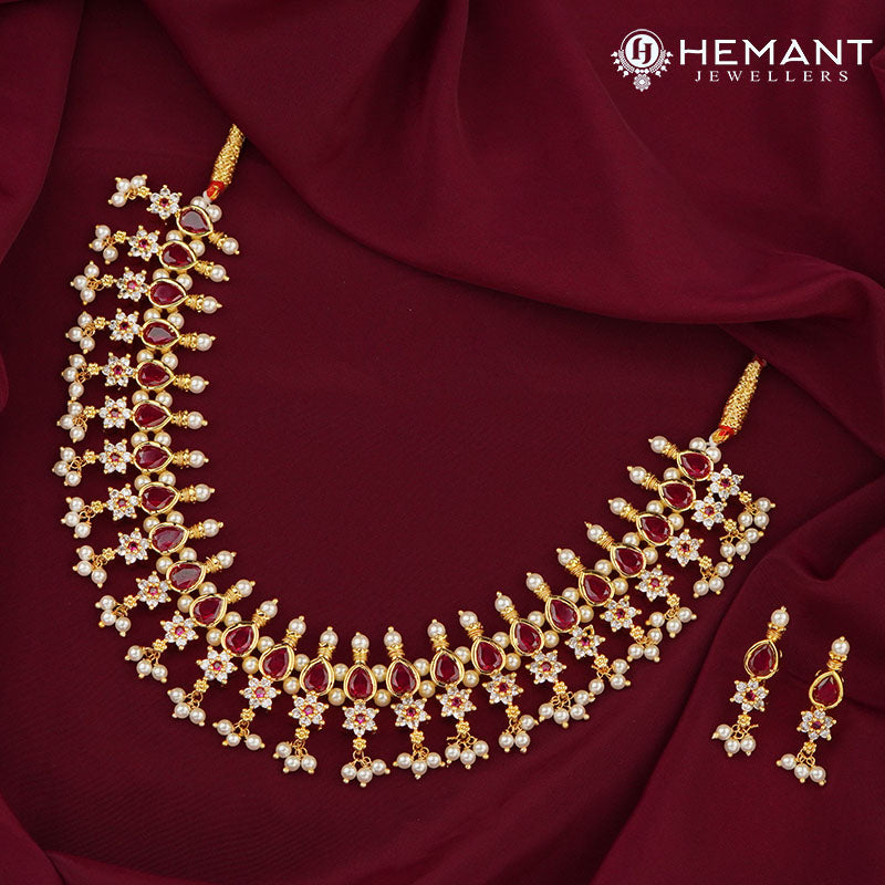 Elegant Traditional Moti Har with 25 Kasturi Panadi 7 Stone - Includes Matching Earrings