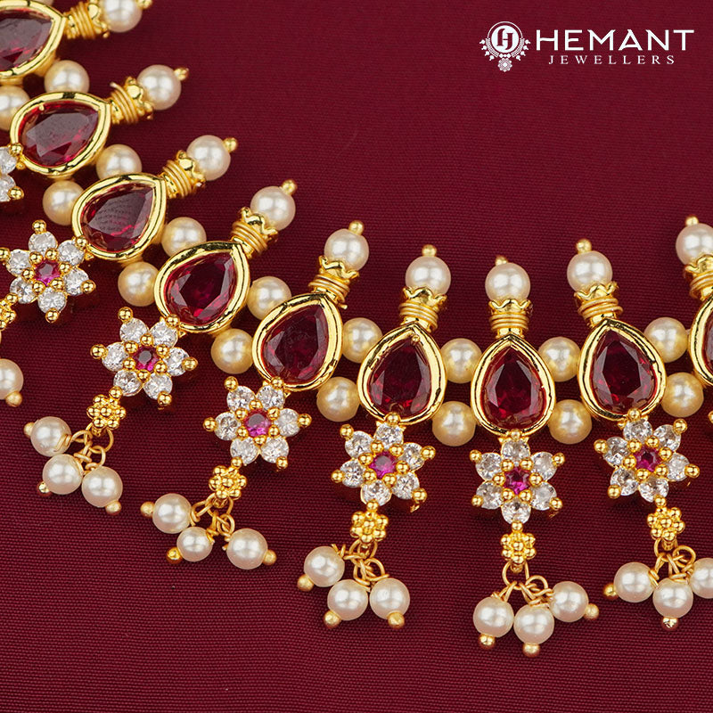 Elegant Traditional Moti Har with 25 Kasturi Panadi 7 Stone - Includes Matching Earrings
