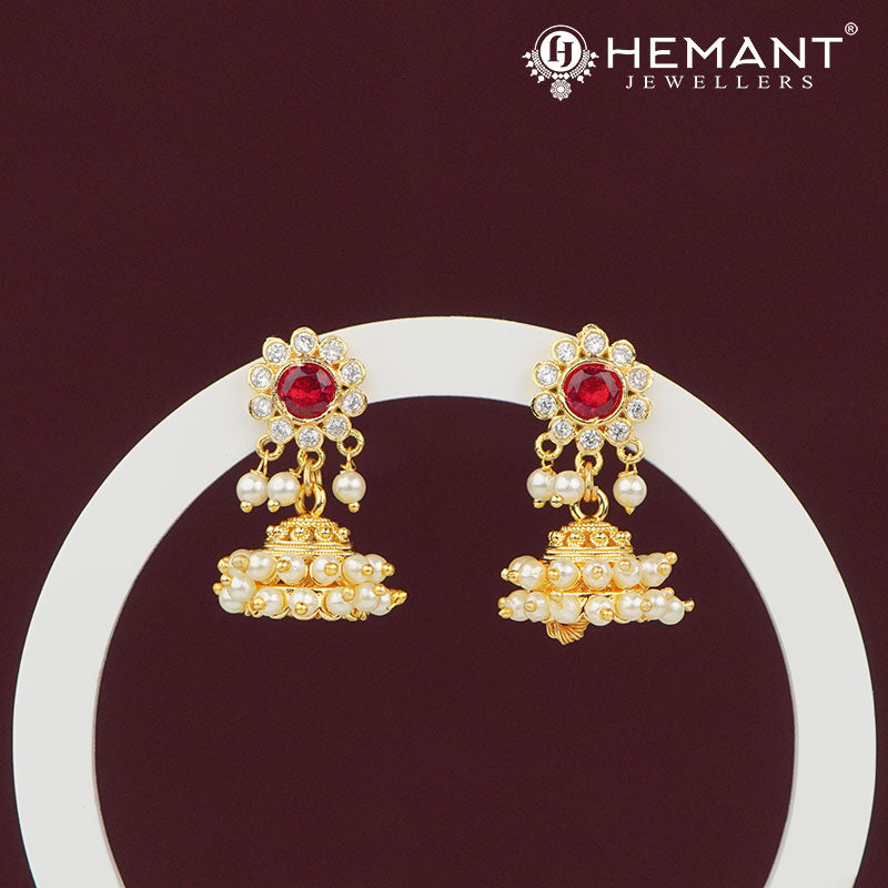 Floral Stud Jhumka Earrings with Red Stone and Pearl Detailing