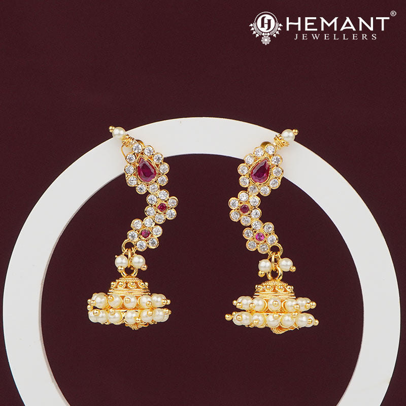Graceful Red White Stone Pearl Jhumka Earrings