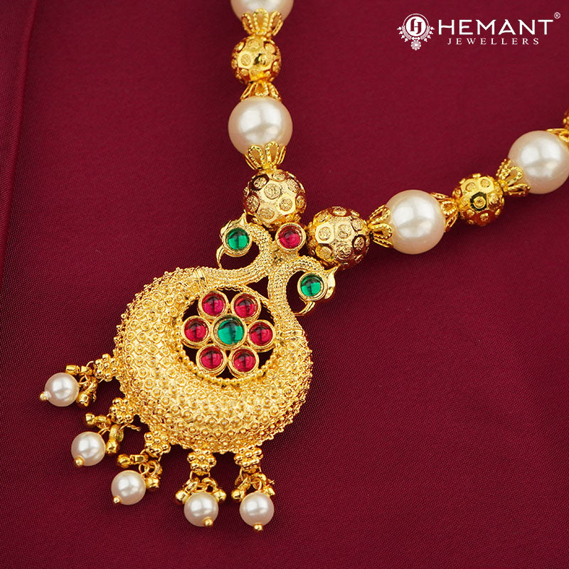 Moti Mala Copper Cap Peacock Pendant (with earring)