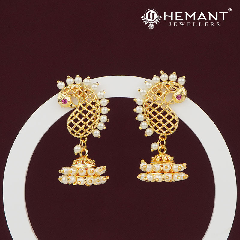 Pearl-Studded Peacock Jhumka Earrings with Gold Plating