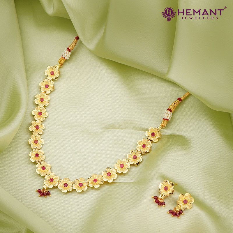 Traditional Floral Gold Plated Necklace Set with Earrings