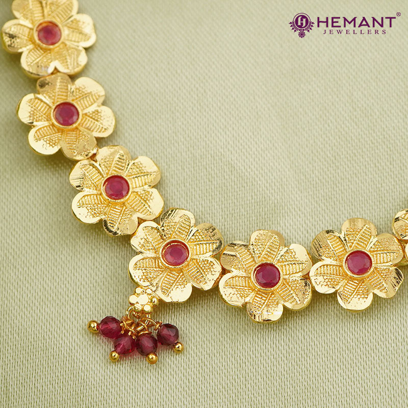 Traditional Floral Gold Plated Necklace Set with Earrings