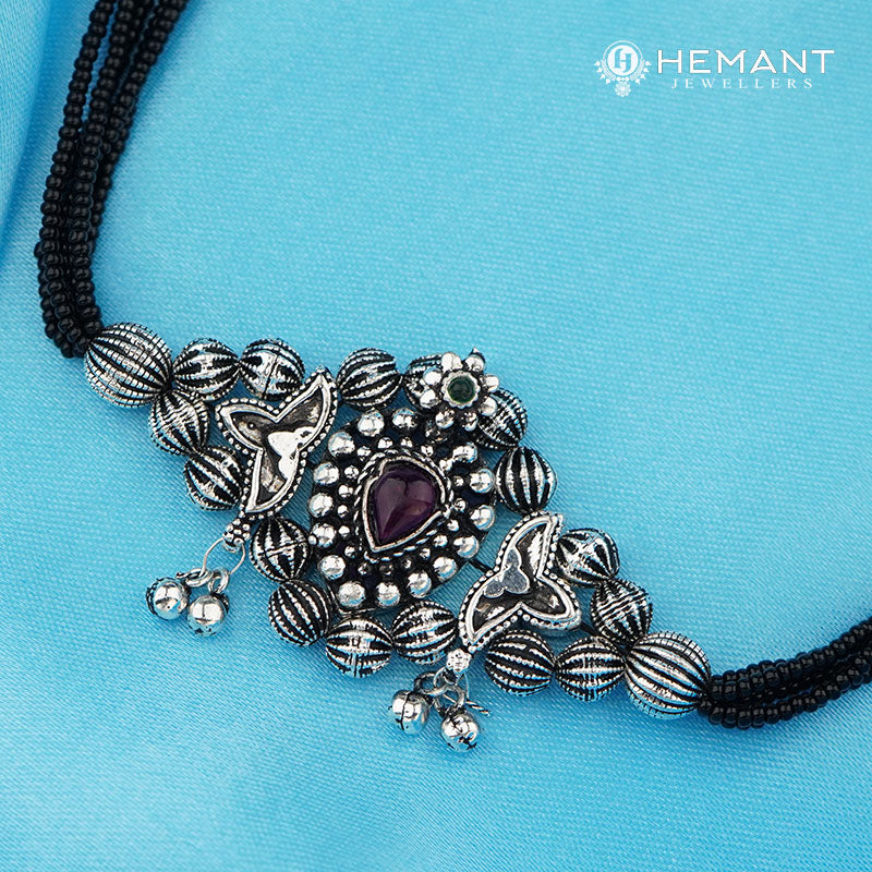 Traditional Maharashtrian Kolhapuri Mangalsutra Belpan Silver(Oxidized) with earrings