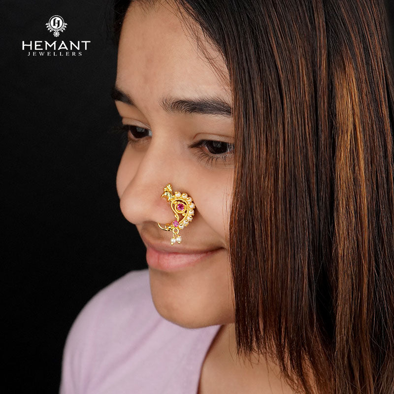 Traditional Maharashtrian Kolhapuri Micro Gold Plated Nath H Peacock (Nose Pin)