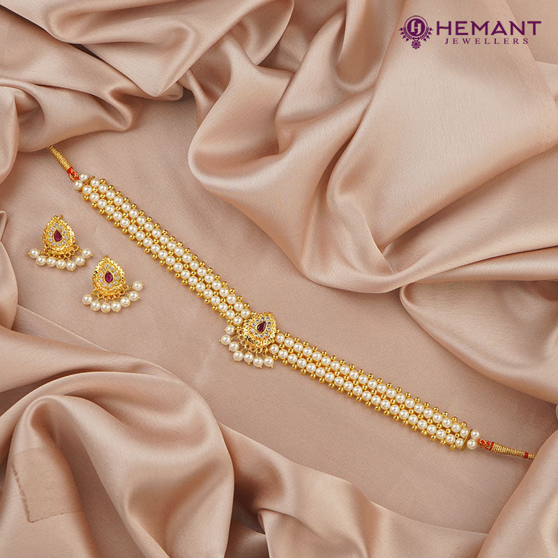 Traditional Maharashtrian Kolhapuri Micro Gold Plated Thushi Patta Moti Karwari Pan RG