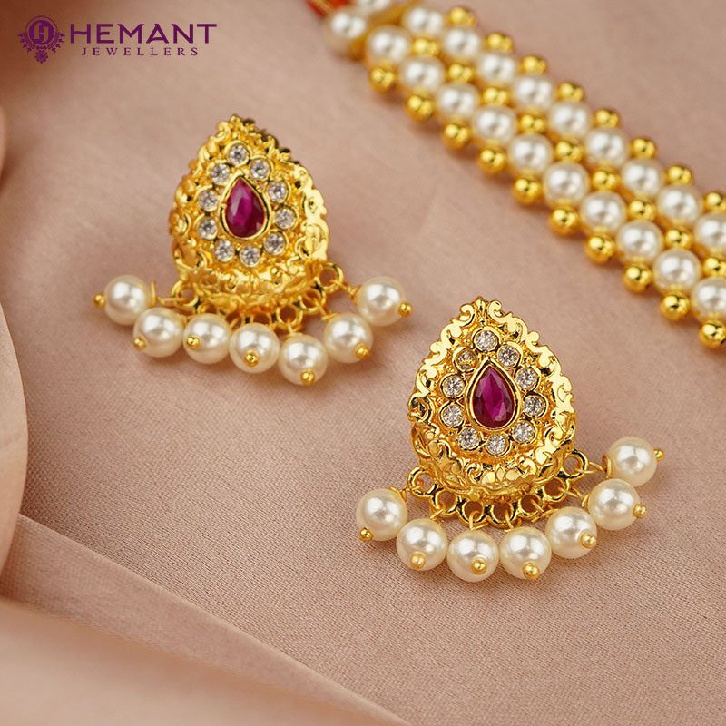 Traditional Maharashtrian Kolhapuri Micro Gold Plated Thushi Patta Moti Karwari Pan RG