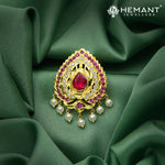 Traditional Micro Gold Plated Ambada Hair Pin with Red Stone and Pearl Drops