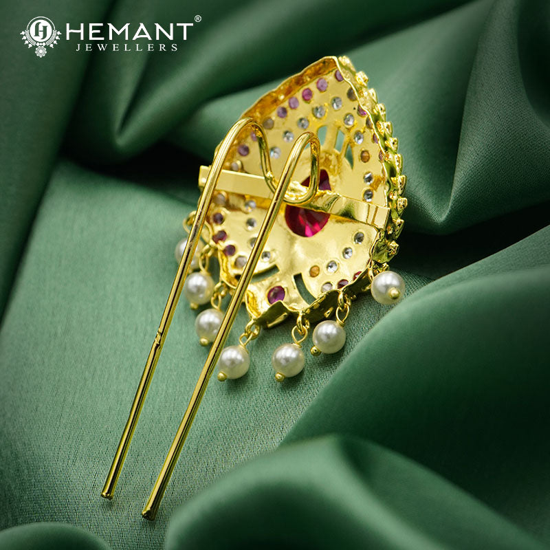 Traditional Micro Gold Plated Ambada Hair Pin with Red Stone and Pearl Drops