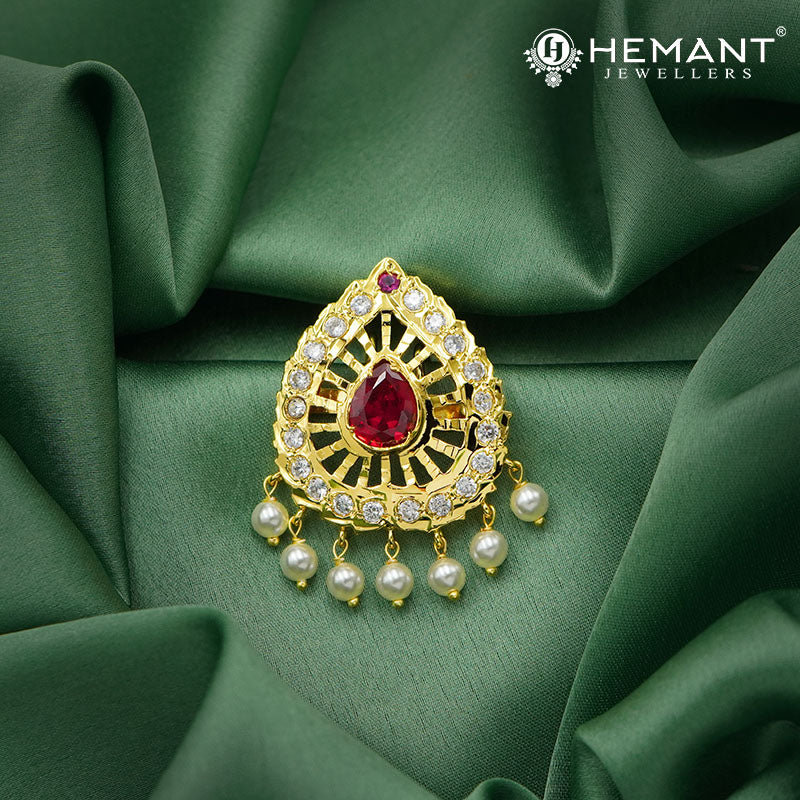 Traditional Micro Gold Plated Ambada Hair Pin with Red Stone and Pearl Drops A