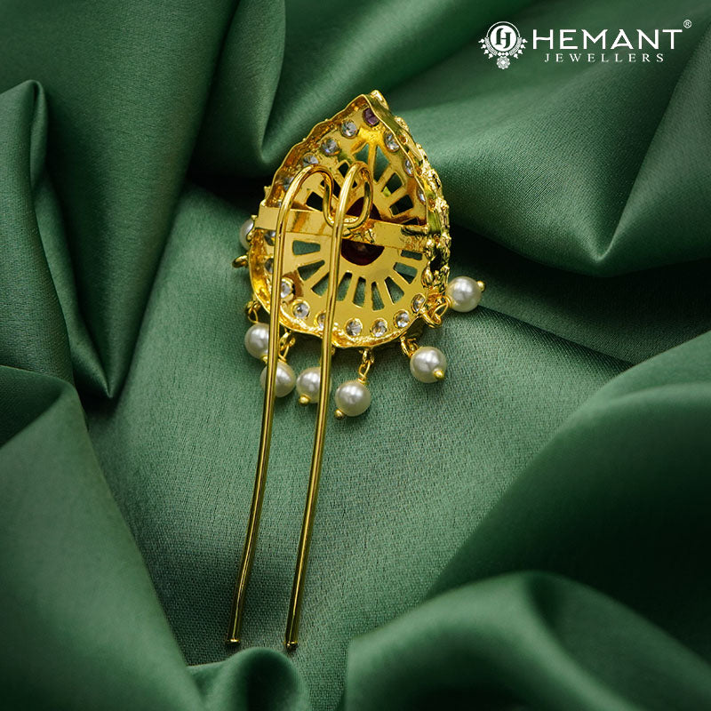 Traditional Micro Gold Plated Ambada Hair Pin with Red Stone and Pearl Drops A