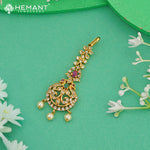 Antique Finished Maang Tikka with Sparkling CZ, Ruby, and Pearl Drops - 4084