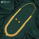 Ornate Gold Finish Long Necklace Set with Textured Bead Motifs and Stud Earrings - 5225