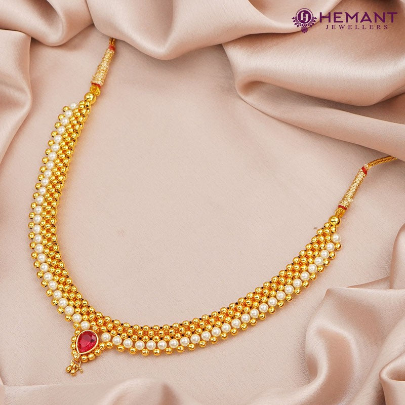 Traditional Maharashtrian Kolhapuri Micro Gold Plated Thushi 2 No. Panadi Moti Full Zalar