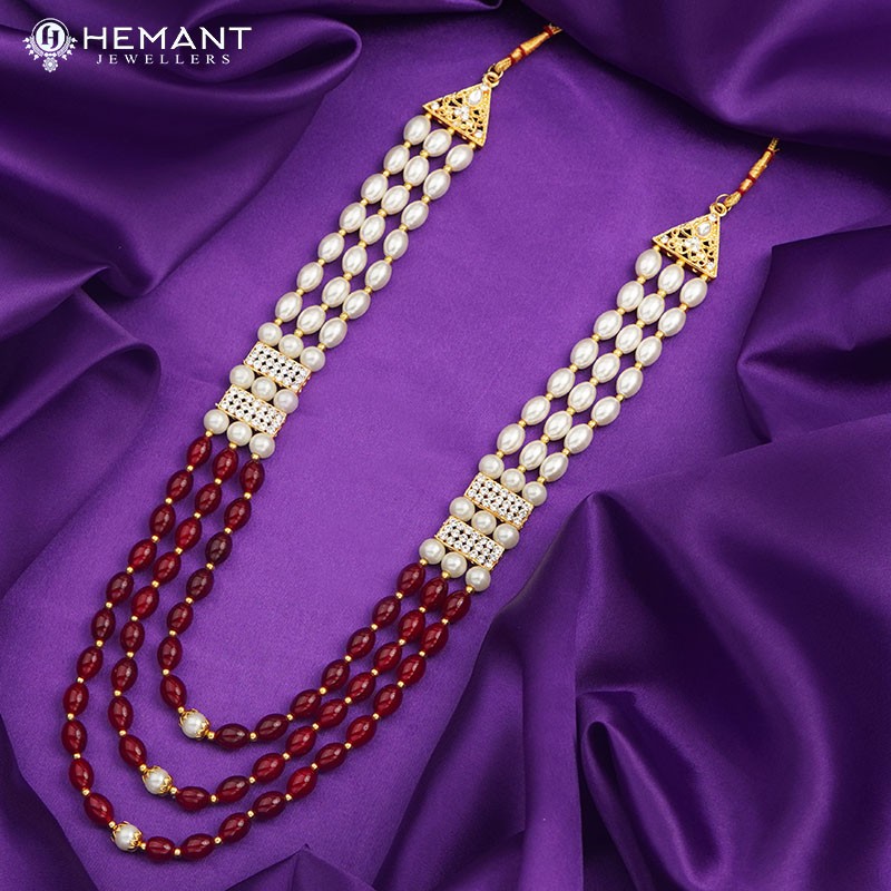White and Red Pearl 3 Line Dulha Mala For Groom - Mens collection by Hemant Jewellers
