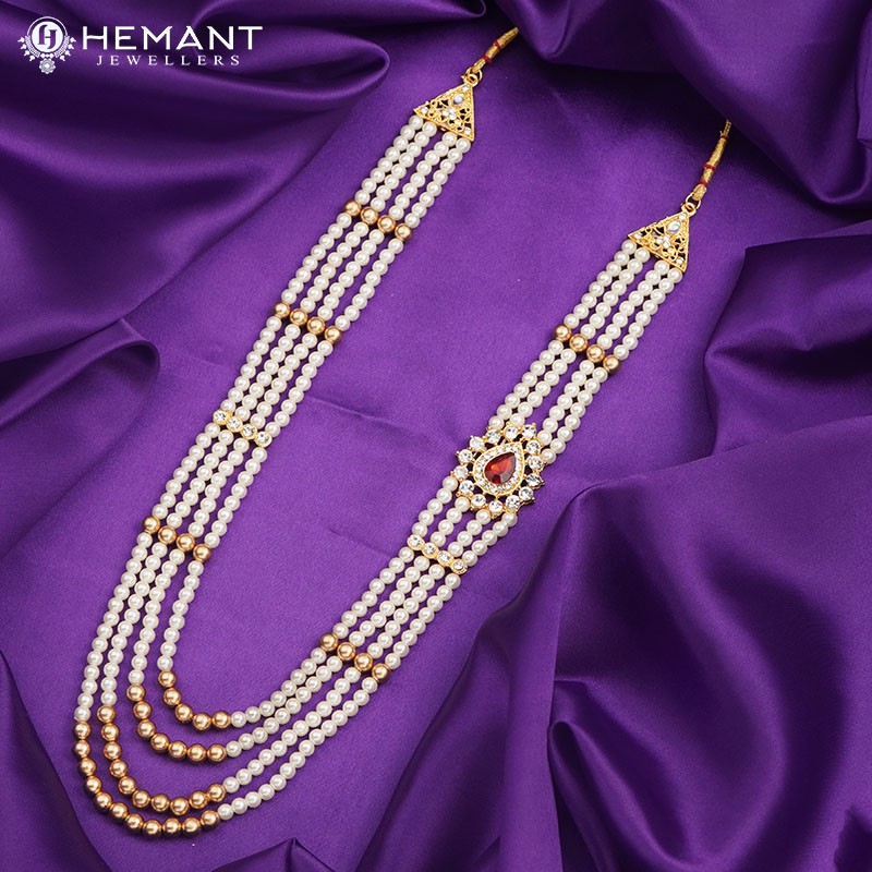 White Pearl 3 Line Dulha Mala For Groom - Mens collection by Hemant Jewellers