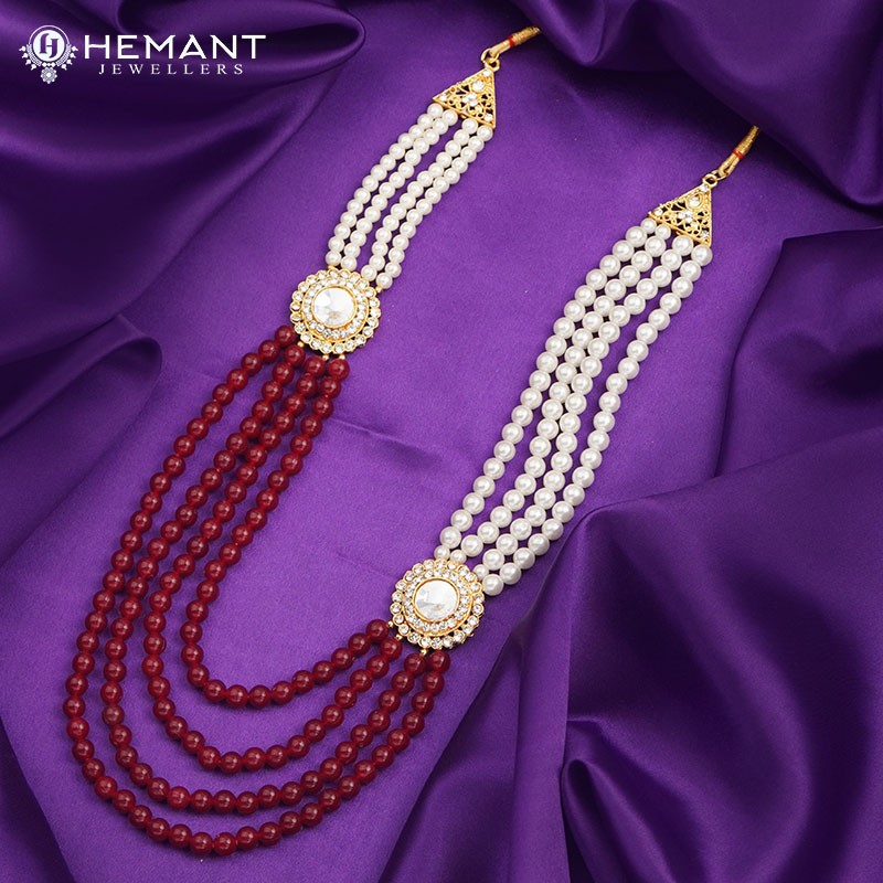 White and Red Pearl 4 Line Dulha Mala with Broach For Groom - Mens collection by Hemant Jewellers