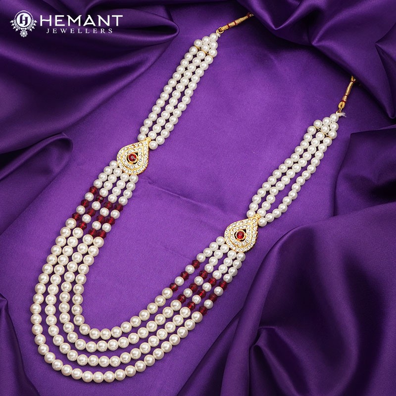 White Pearl 4 Line Dulha Mala For Groom with Broach - Mens collection by Hemant Jewellers