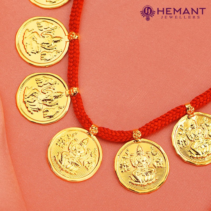 Traditional Maharashtrian Kolhapuri Micro Gold Plated Putali Har 11 Coin Red Small
