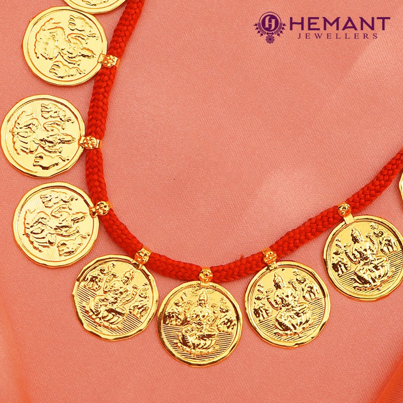 Traditional Maharashtrian Kolhapuri Micro Gold Plated Putali Har 21 Coin Red Small