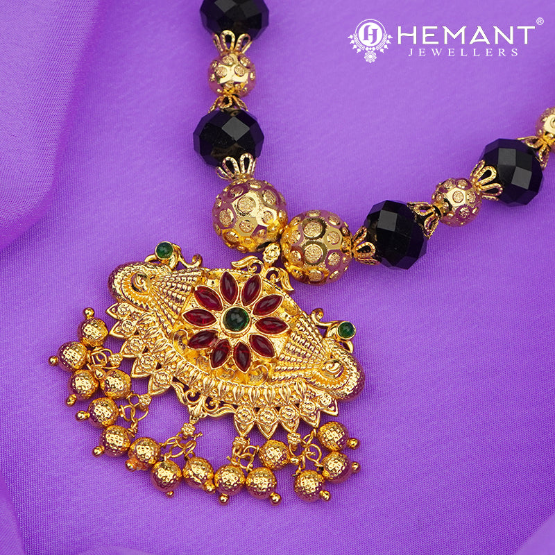Disco Mala 12 MM Black Damaru Mor  | Micro Gold Plated Mangalsutra - 1099