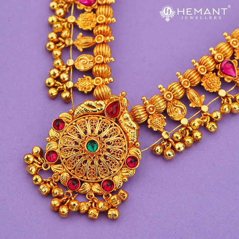 Antique Finish Saaj Jav Geru 5 Panadi 29 Pan Peacock Stone Pendant(with earrings)