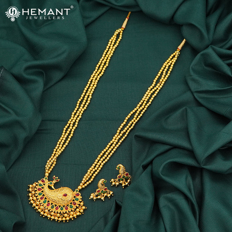 Chex Mani 3 Line Mala with a touch Mor/Peacock pendant (with earring)