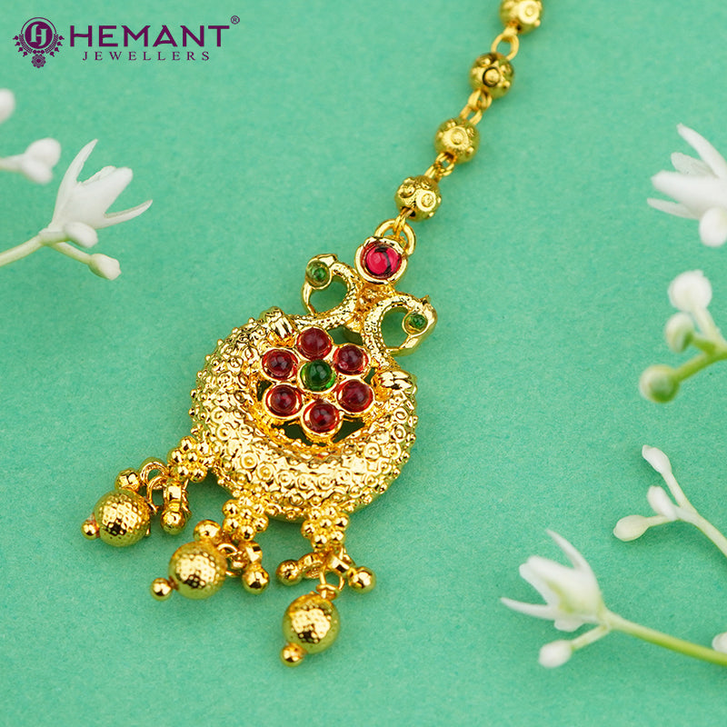 Peacock Shaped Maang Tikka with Pink-Green Stones – 2208