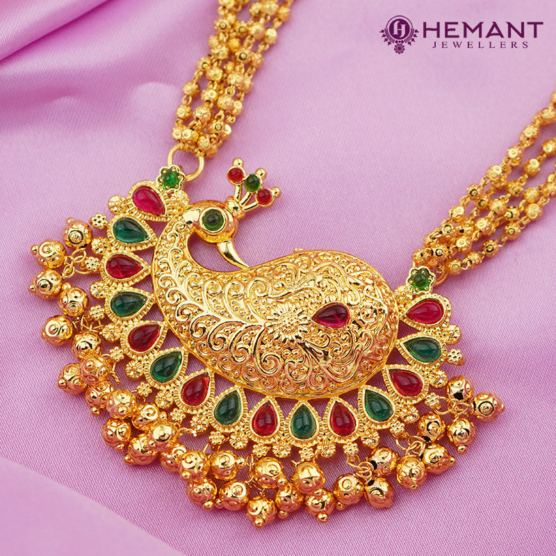 Traditional Maharashtrian Kolhapuri Micro Gold Plated Dot Mala 5 Line Peacock Paan Pendal Short