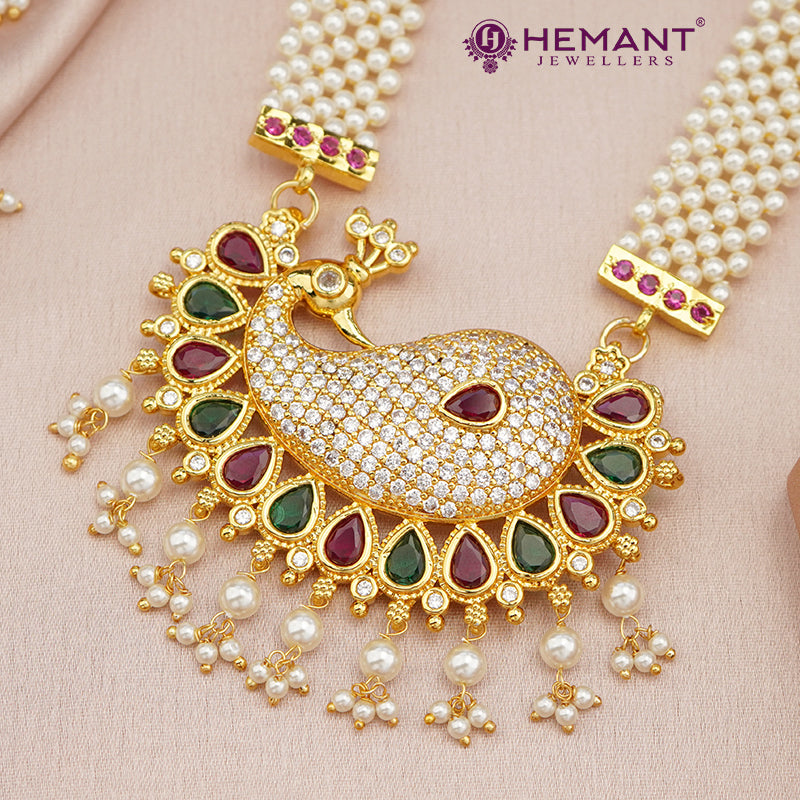 Traditional Maharashtrian Kolhapuri Thushi Patta Moti Peacock Stone (with earrings)