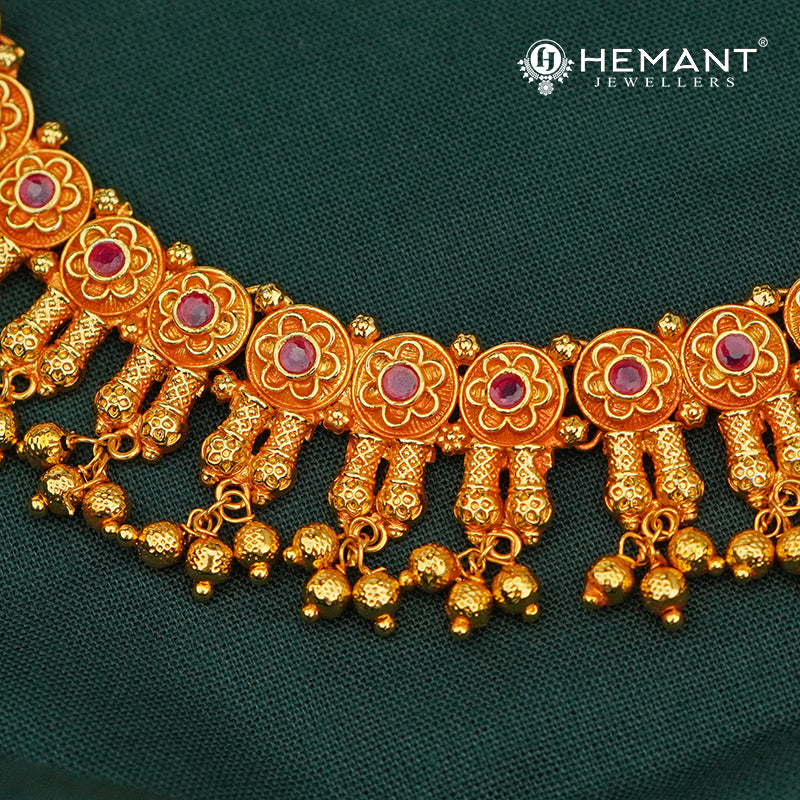 Antique Finish Floral Stone Necklace Set with Dangling Beads – 2982