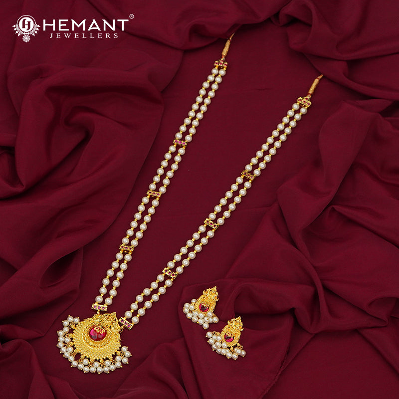 Traditional Maharashtrian Kolhapuri Moti Haar Long 2 Line 6 MM Peacock Stone (with Earrings)