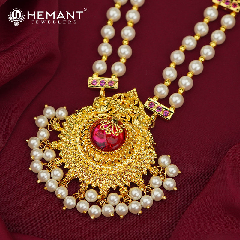 Traditional Maharashtrian Kolhapuri Moti Haar Long 2 Line 6 MM Peacock Stone (with Earrings)