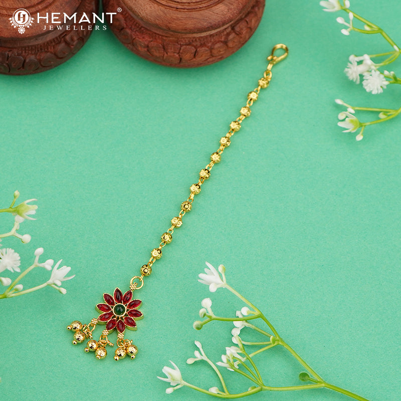 Traditional Maharashtrian Kolhapuri Micro Gold Plated Flower Markish (Maang Tikka)