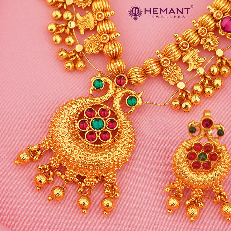 Antique Finish Saaj Jav Geru Finished 3 Panadi 15 Pan Peacock (with earrings)