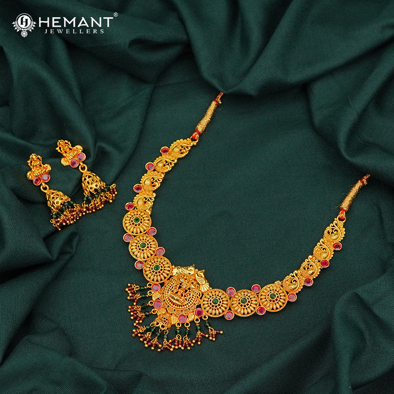 Antique Finish Lakshmi Motif Necklace Set with Jhumkas – 3796