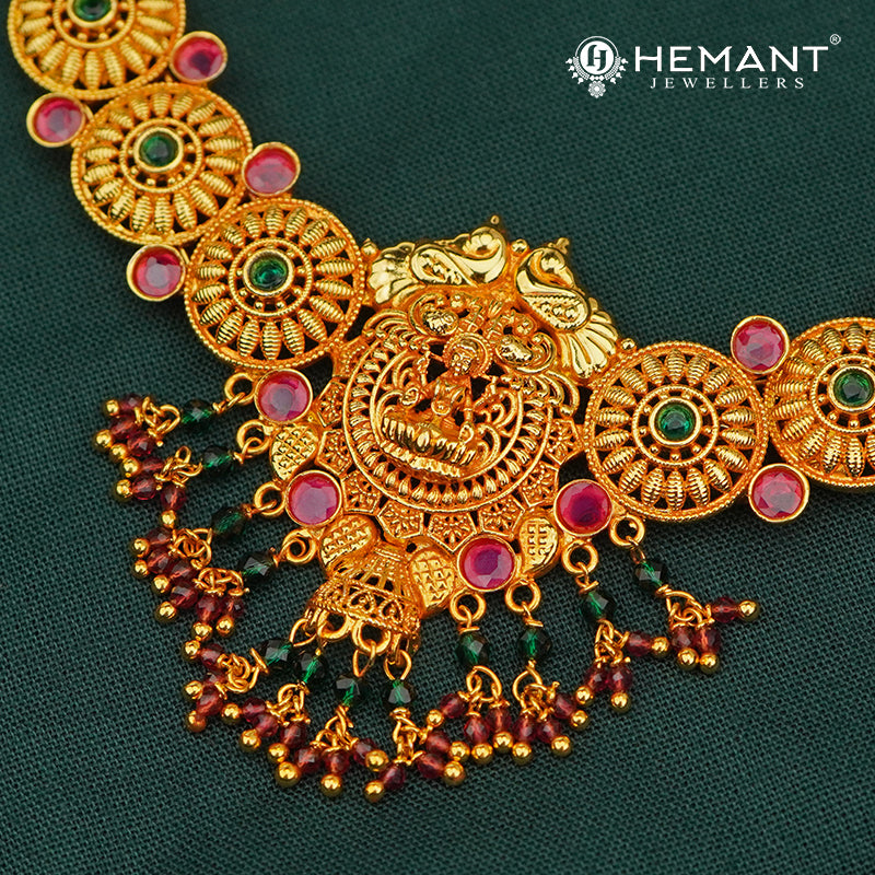 Antique Finish Lakshmi Motif Necklace Set with Jhumkas – 3796