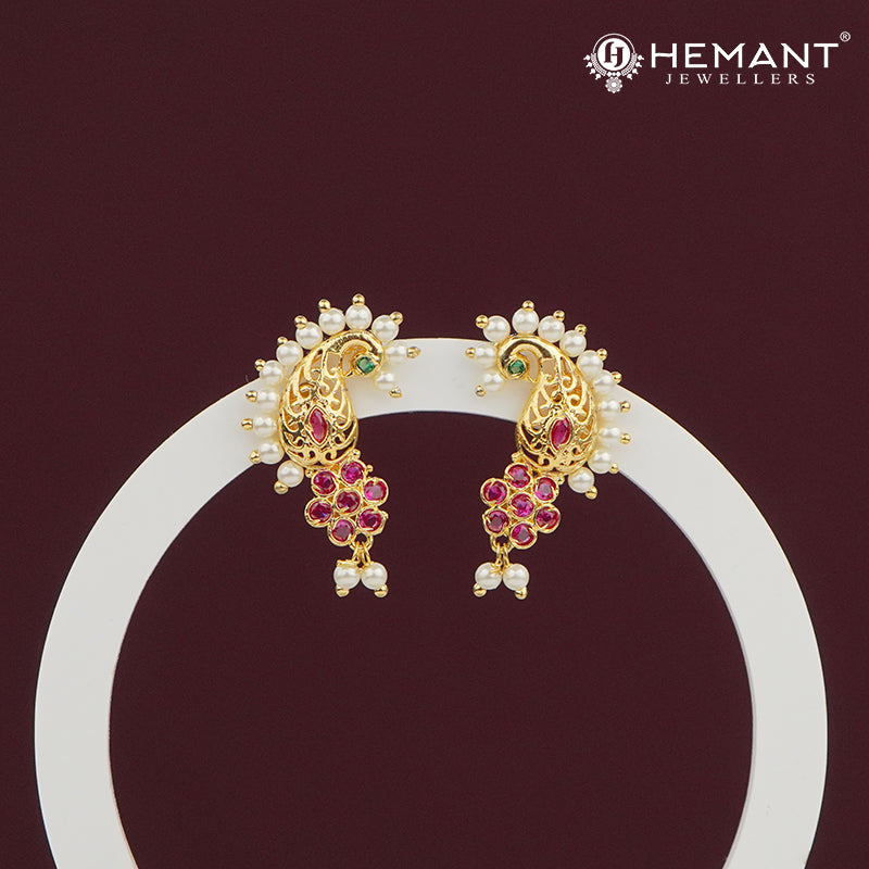 Peacock Design Stud Earrings with Ruby Stones & Pearl Detailing – 3833