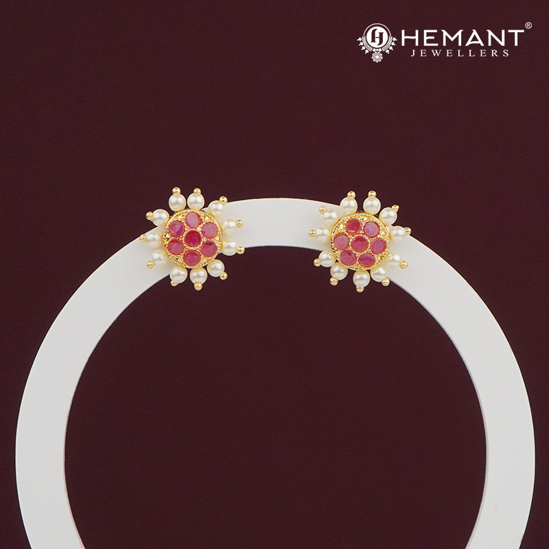 Red Stone & Pearl Round Stud Earrings – 3835
