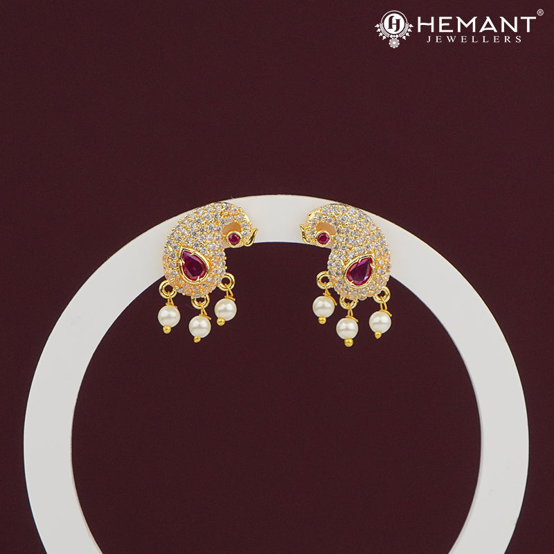 Peacock-Inspired Earrings with Red Stone & Pearl Drops – 3849