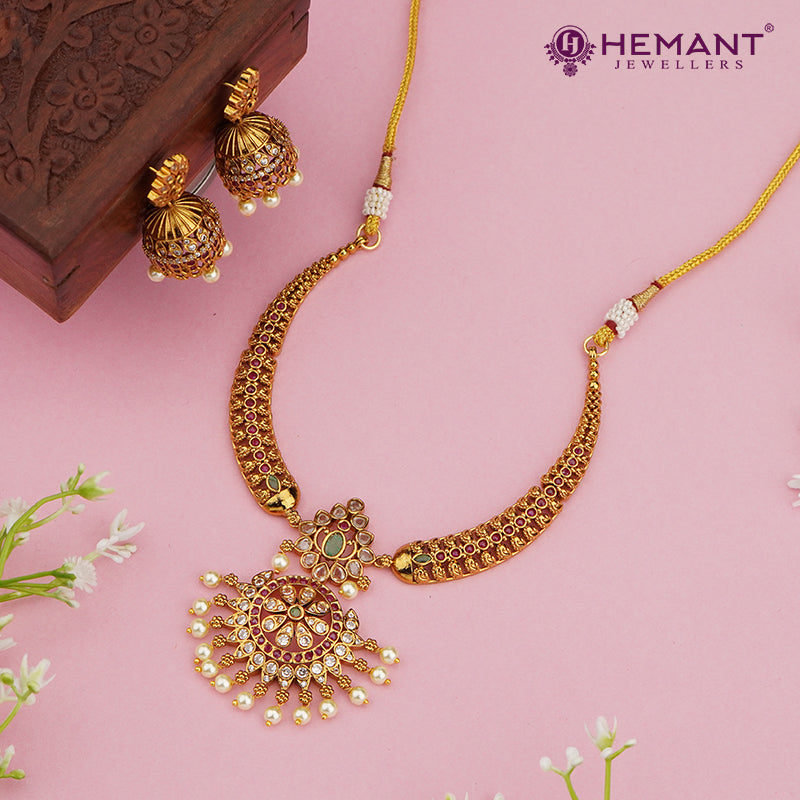 Antique-Finish Kemp Stone Chandbali Temple Necklace Set 3960