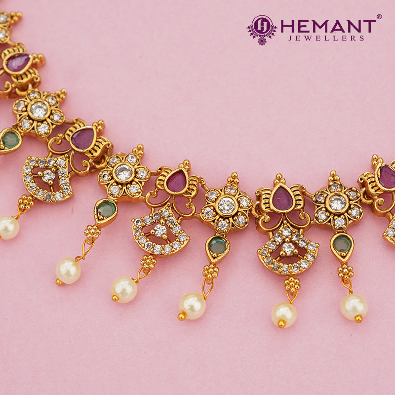 Antique-Finish Temple Style Bridal Necklace Set with Ruby-Green Stone Drops & Pearl Danglers 3990