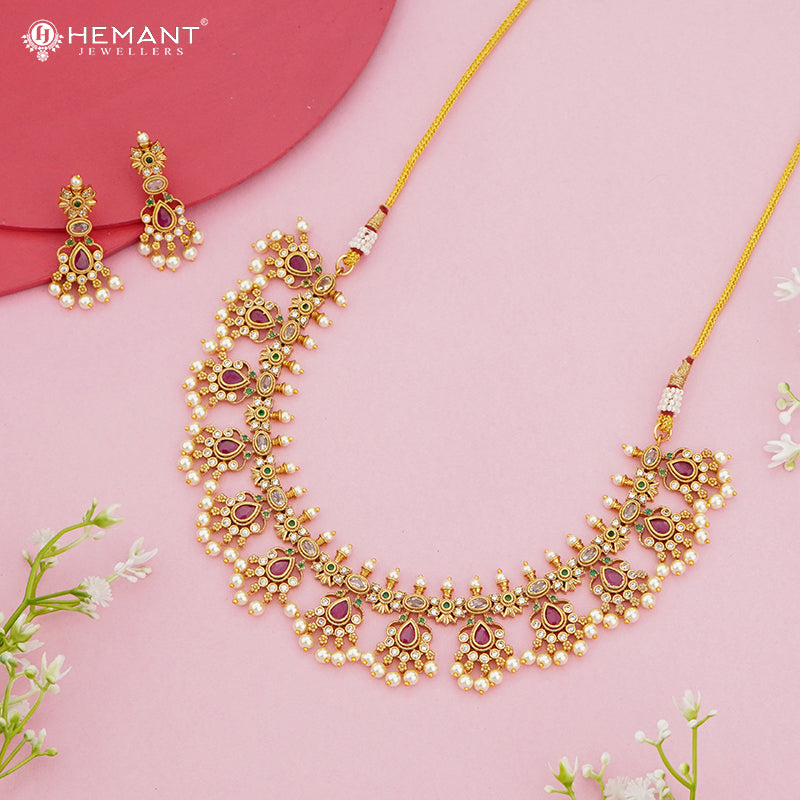 Grand Red Stone Bridal Necklace Set with Pearl Drops 4018