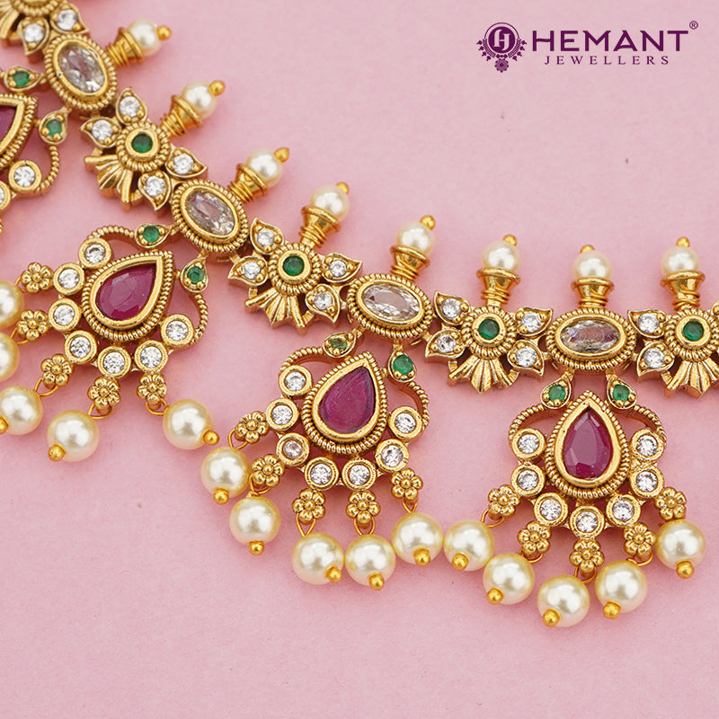 Grand Red Stone Bridal Necklace Set with Pearl Drops 4018
