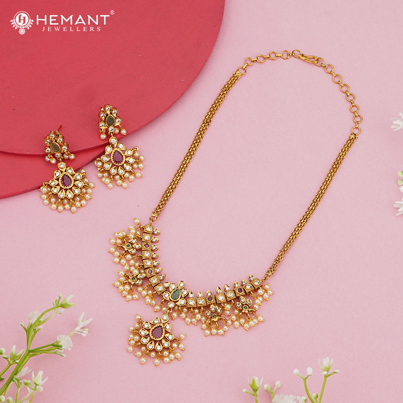 Bridal Stone and Motif Necklace Set with Pearl Drops 4026