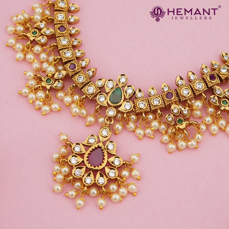Bridal Stone and Motif Necklace Set with Pearl Drops 4026